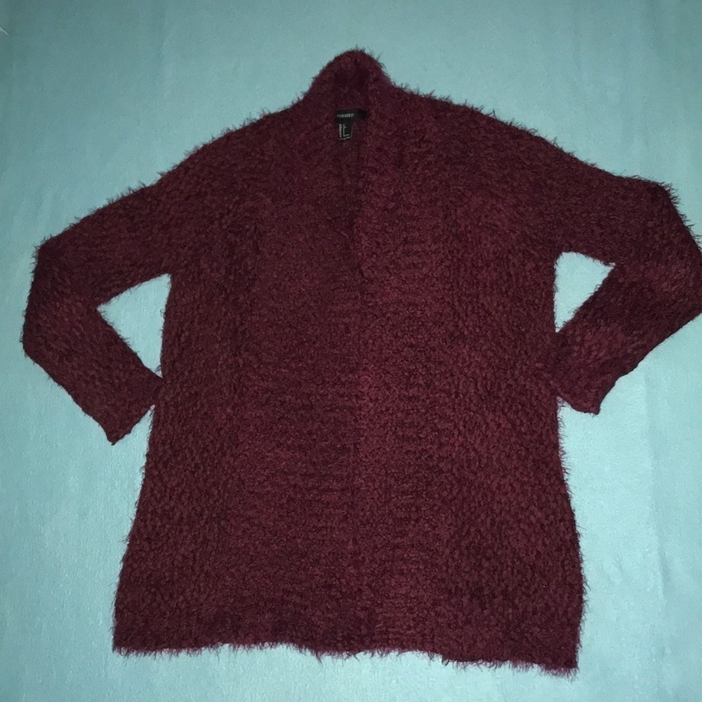 𝅺FOREVER 21 chunky fluffy sweater burgundy open front long sleeves NEW size S
